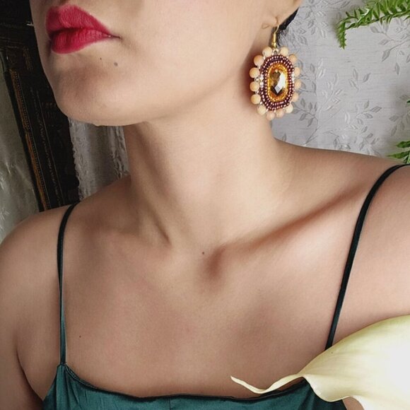 2/$27 | Orange and Bronze Shield Beaded Indigenous Hoop Earrings | Handmade - Picture 3 of 7